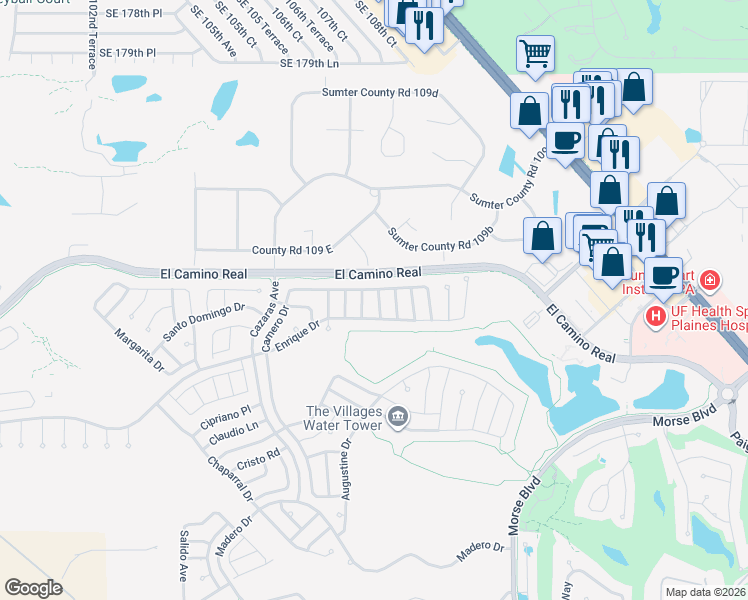 map of restaurants, bars, coffee shops, grocery stores, and more near 1508 Contreras Lane in The Villages