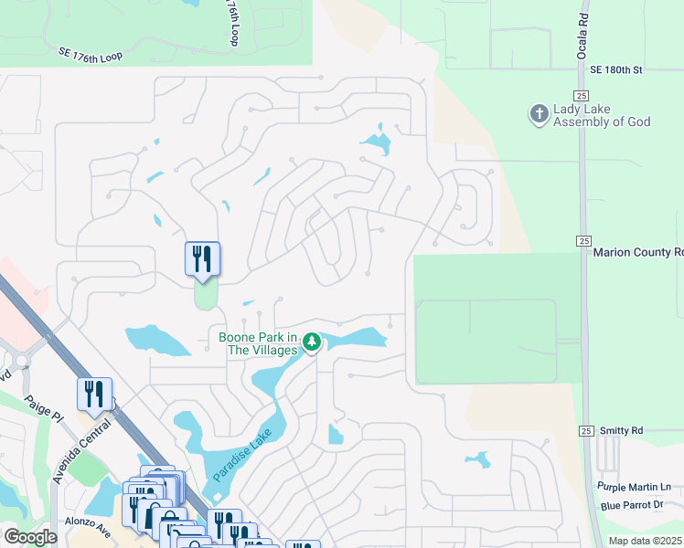 map of restaurants, bars, coffee shops, grocery stores, and more near 1528 Hillcrest Drive in Lady Lake