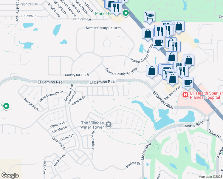 map of restaurants, bars, coffee shops, grocery stores, and more near 1508 Esparza Place in The Villages