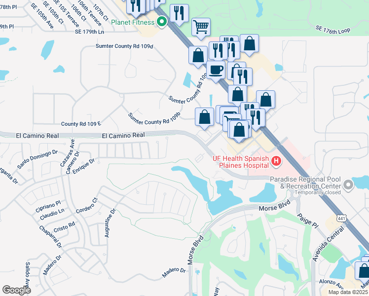 map of restaurants, bars, coffee shops, grocery stores, and more near 1401-1499 El Camino Real in The Villages