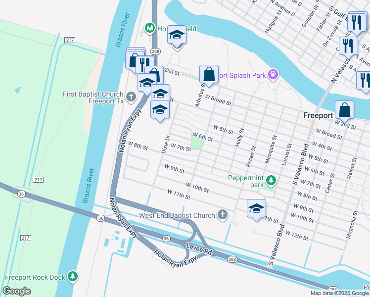 map of restaurants, bars, coffee shops, grocery stores, and more near 1727 West 7th Street in Freeport