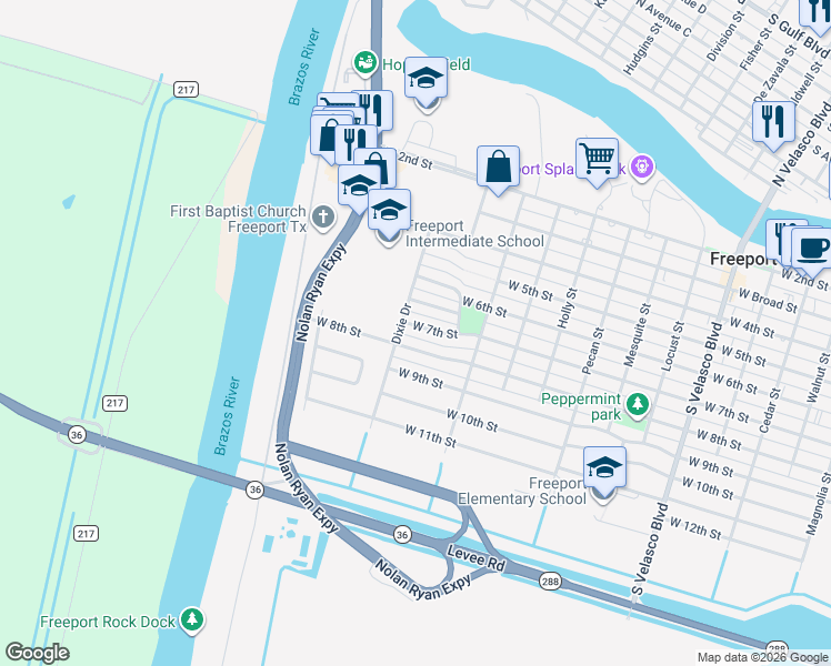 map of restaurants, bars, coffee shops, grocery stores, and more near 1741 West 7th Street in Freeport