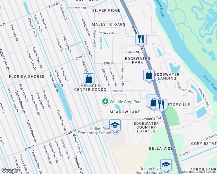 map of restaurants, bars, coffee shops, grocery stores, and more near 2760 Evergreen Dr in Edgewater