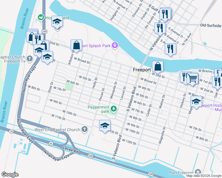 map of restaurants, bars, coffee shops, grocery stores, and more near 1307 West 5th Street in Freeport
