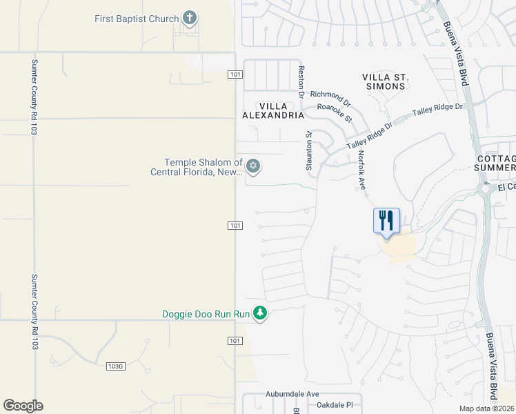 map of restaurants, bars, coffee shops, grocery stores, and more near 3552 Sterling Street in The Villages