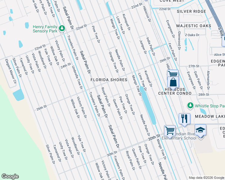 map of restaurants, bars, coffee shops, grocery stores, and more near 2624 Queen Palm Drive in Edgewater