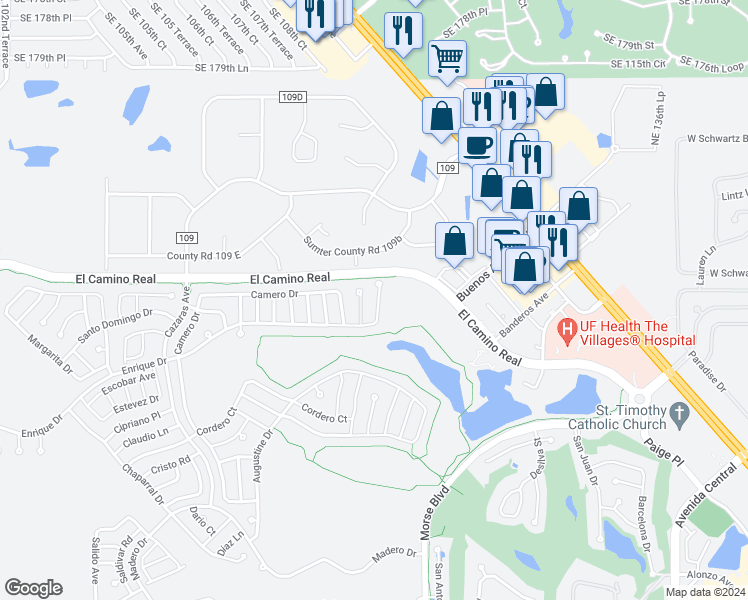 map of restaurants, bars, coffee shops, grocery stores, and more near 1707 Enrique Drive in The Villages