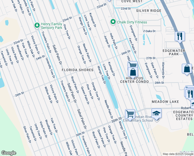 map of restaurants, bars, coffee shops, grocery stores, and more near 2701 Needle Palm Drive in Edgewater