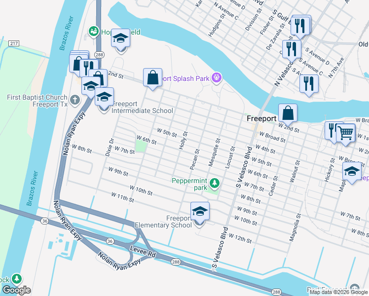 map of restaurants, bars, coffee shops, grocery stores, and more near 1426 West 6th Street in Freeport