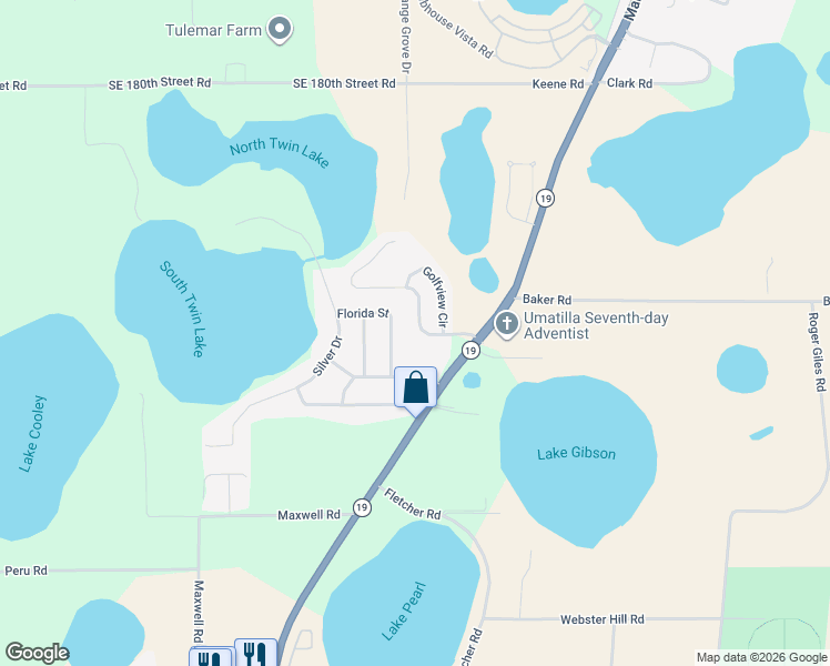 map of restaurants, bars, coffee shops, grocery stores, and more near 81 Twin Lake Circle in Umatilla