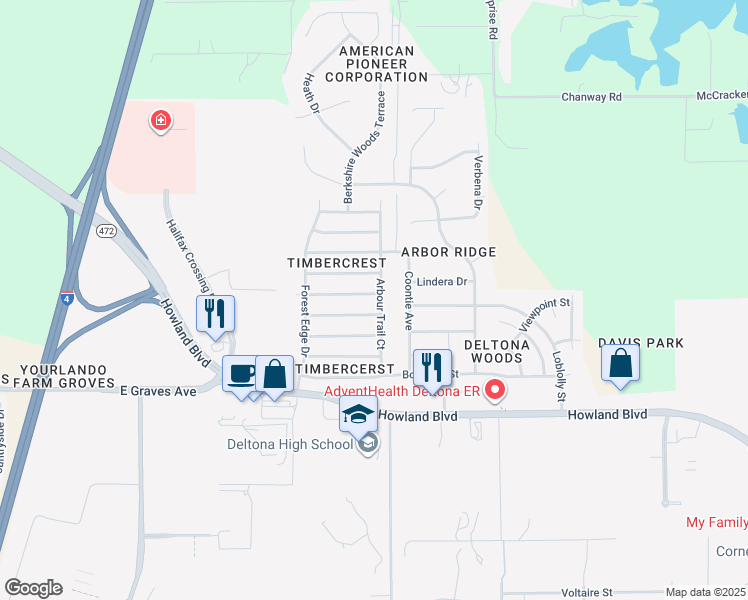 map of restaurants, bars, coffee shops, grocery stores, and more near 3205 Tealwood Terrace in Deltona