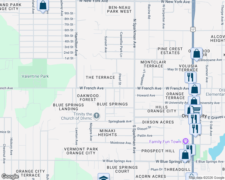 map of restaurants, bars, coffee shops, grocery stores, and more near 285 Jarvis Avenue in Orange City
