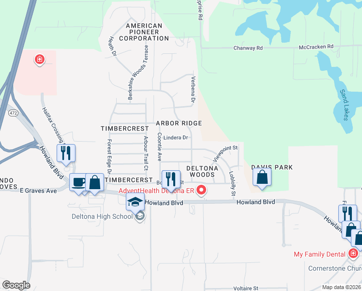 map of restaurants, bars, coffee shops, grocery stores, and more near 3124 Loblolly Street in Deltona