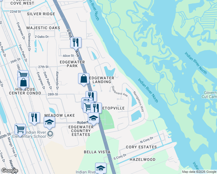 map of restaurants, bars, coffee shops, grocery stores, and more near 415 Schooner Avenue in Edgewater