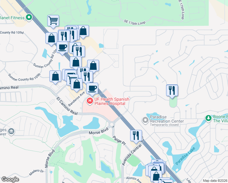 map of restaurants, bars, coffee shops, grocery stores, and more near 1501 U.S. 441 in The Villages