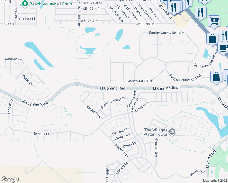 map of restaurants, bars, coffee shops, grocery stores, and more near 2133 Barbosa Court in The Villages