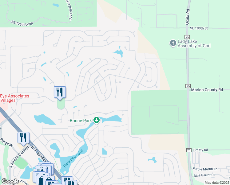 map of restaurants, bars, coffee shops, grocery stores, and more near 1624 Bay Meadows Lane in Lady Lake
