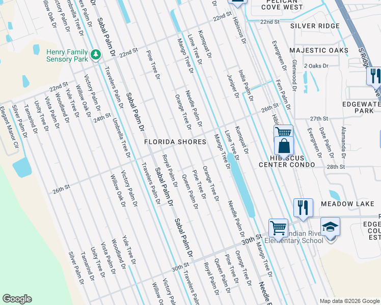 map of restaurants, bars, coffee shops, grocery stores, and more near 2617 Pine Tree Drive in Edgewater