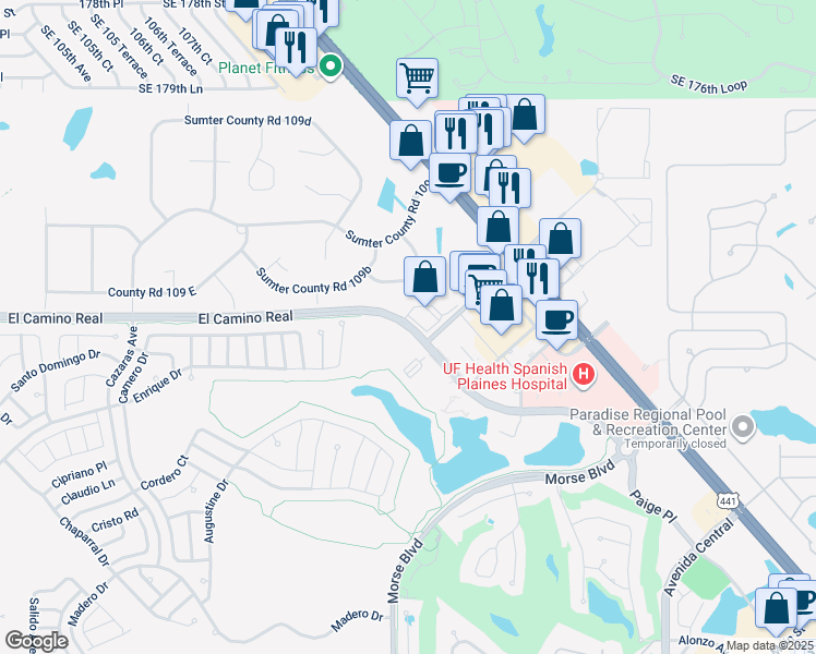 map of restaurants, bars, coffee shops, grocery stores, and more near 1401 El Camino Real in The Villages