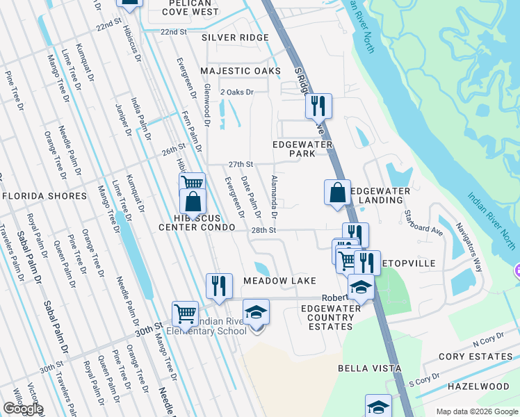 map of restaurants, bars, coffee shops, grocery stores, and more near 2747 Date Palm Drive in Edgewater
