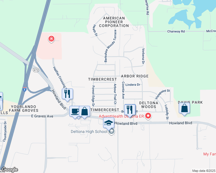 map of restaurants, bars, coffee shops, grocery stores, and more near 3215 Bretton Woods Terrace in Deltona