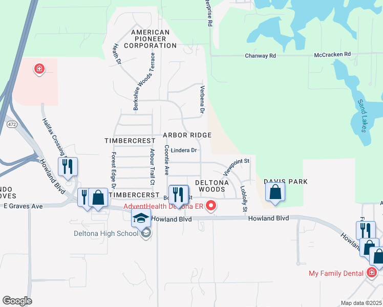 map of restaurants, bars, coffee shops, grocery stores, and more near 3143 Lindera Drive in Deltona