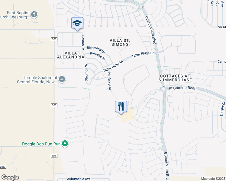 map of restaurants, bars, coffee shops, grocery stores, and more near 1605 Norfolk Avenue in The Villages