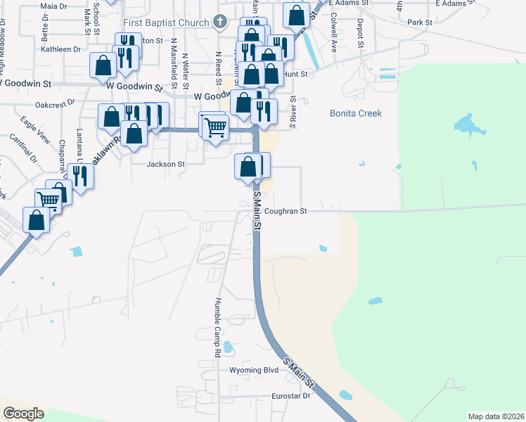 map of restaurants, bars, coffee shops, grocery stores, and more near 627 South Main Street in Jourdanton