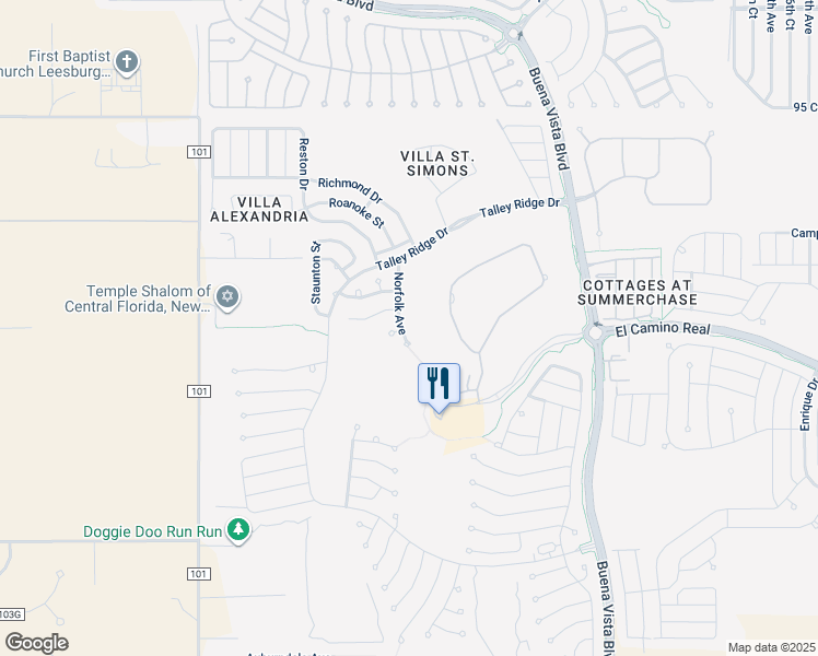 map of restaurants, bars, coffee shops, grocery stores, and more near 1605 Norfolk Avenue in The Villages