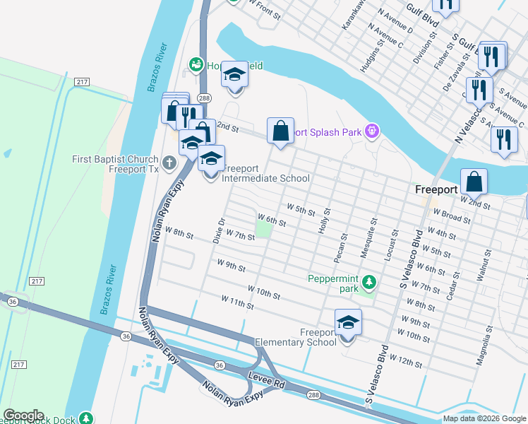 map of restaurants, bars, coffee shops, grocery stores, and more near 1716-17 West 6th Street in Freeport