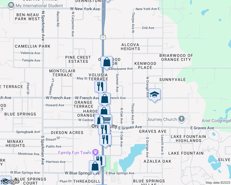 map of restaurants, bars, coffee shops, grocery stores, and more near 521 Sumner Avenue in Orange City