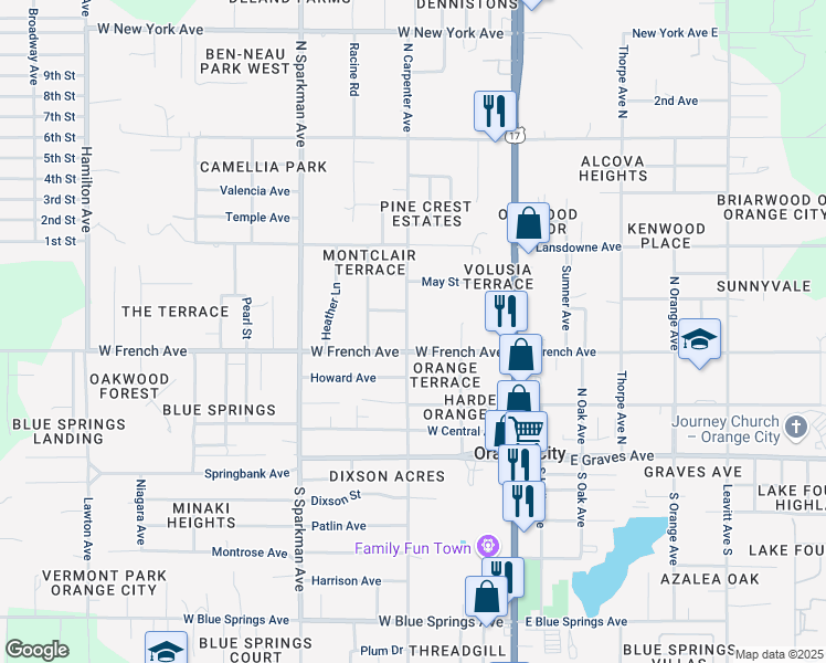 map of restaurants, bars, coffee shops, grocery stores, and more near 530 North Carpenter Avenue in Orange City