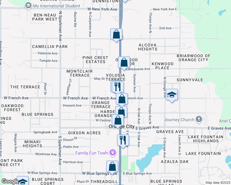 map of restaurants, bars, coffee shops, grocery stores, and more near 527 North Volusia Avenue in Orange City