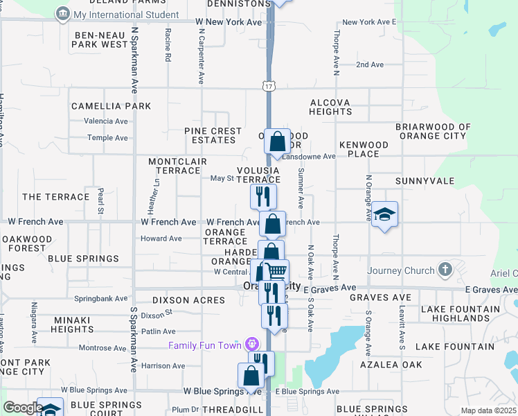 map of restaurants, bars, coffee shops, grocery stores, and more near 527 North Volusia Avenue in Orange City
