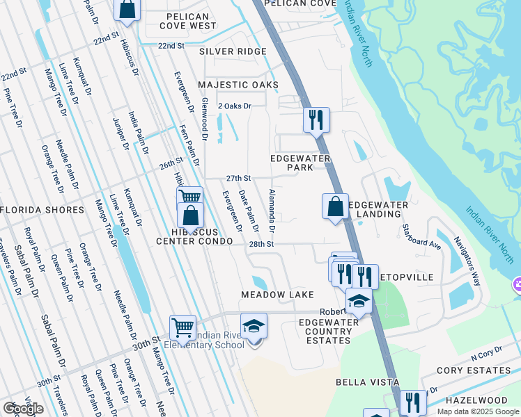 map of restaurants, bars, coffee shops, grocery stores, and more near 2738 Banyan Tree Drive in Edgewater