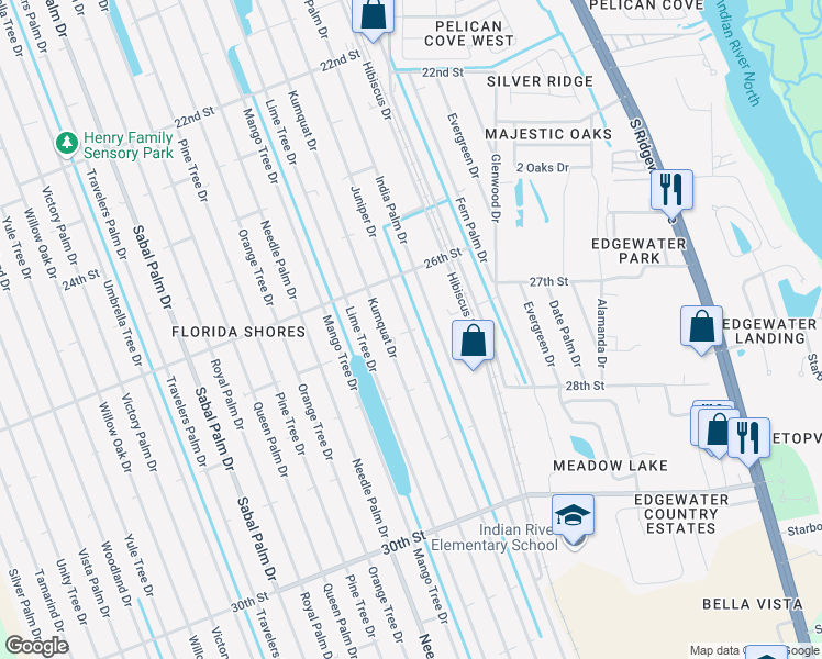 map of restaurants, bars, coffee shops, grocery stores, and more near 2698 Juniper Drive in Edgewater