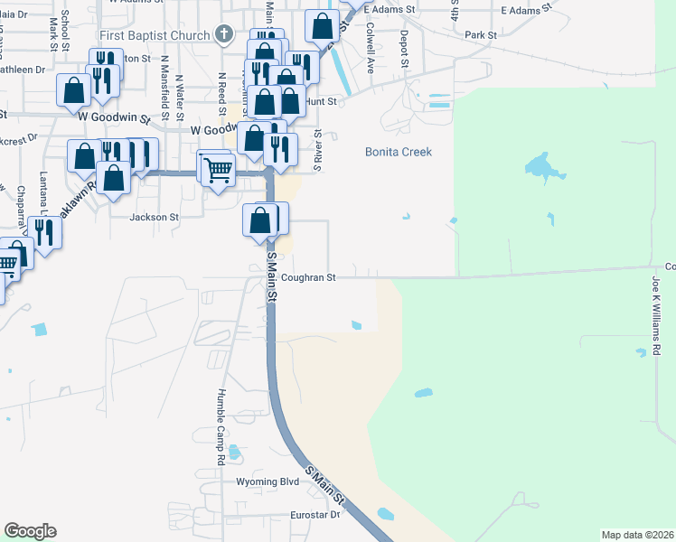 map of restaurants, bars, coffee shops, grocery stores, and more near 419 Coughran Street in Pleasanton