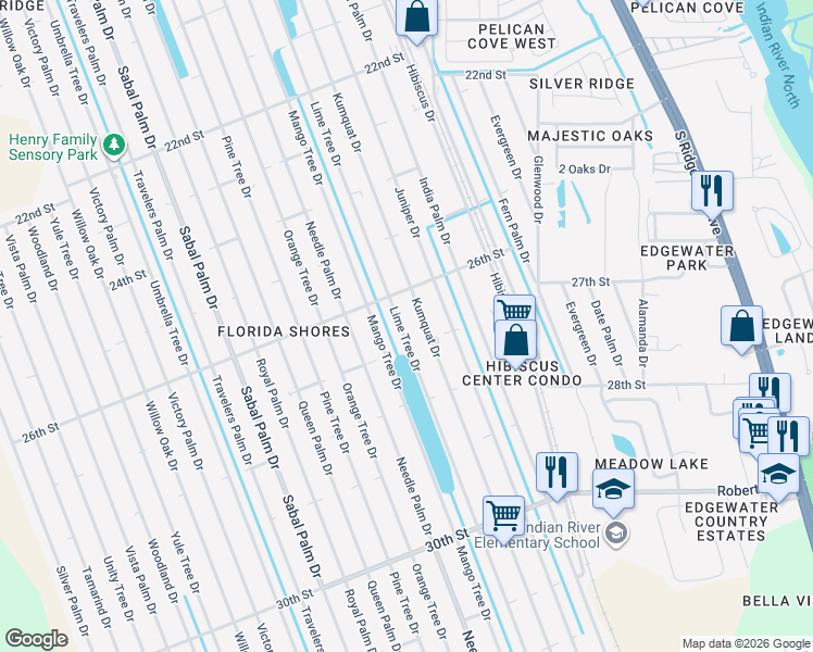 map of restaurants, bars, coffee shops, grocery stores, and more near 2621 Lime Tree Drive in Edgewater
