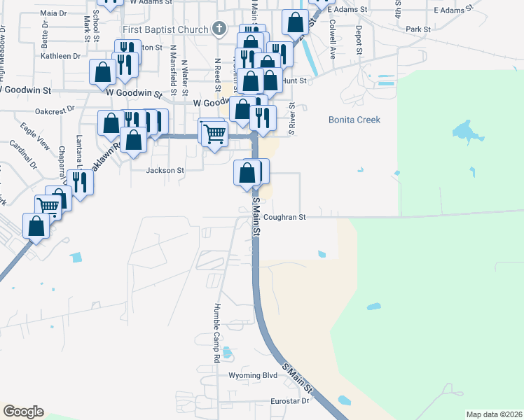 map of restaurants, bars, coffee shops, grocery stores, and more near 627 South Main Street in Jourdanton