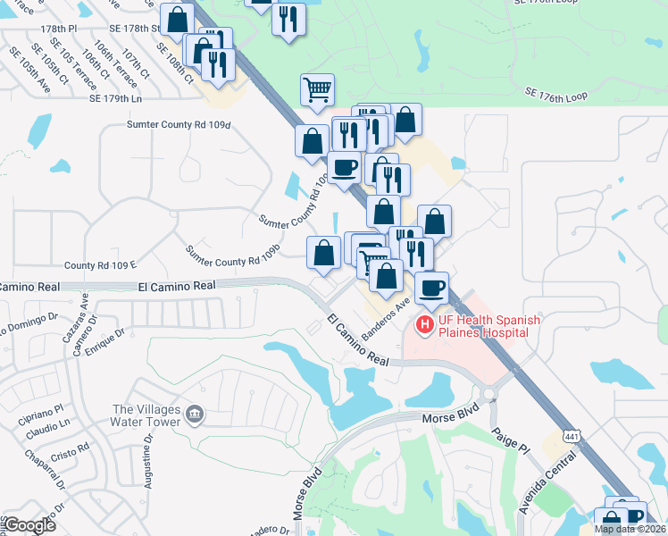 map of restaurants, bars, coffee shops, grocery stores, and more near Unnamed Road in The Villages