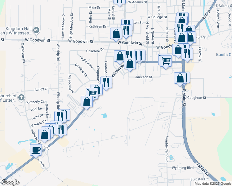 map of restaurants, bars, coffee shops, grocery stores, and more near 1121 West Oaklawn Road in Pleasanton