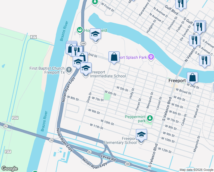 map of restaurants, bars, coffee shops, grocery stores, and more near 1716-17 West 6th Street in Freeport