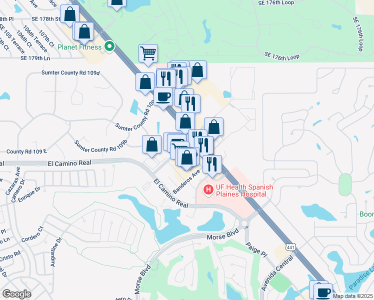 map of restaurants, bars, coffee shops, grocery stores, and more near 1576 Bella Cruz Drive in The Villages