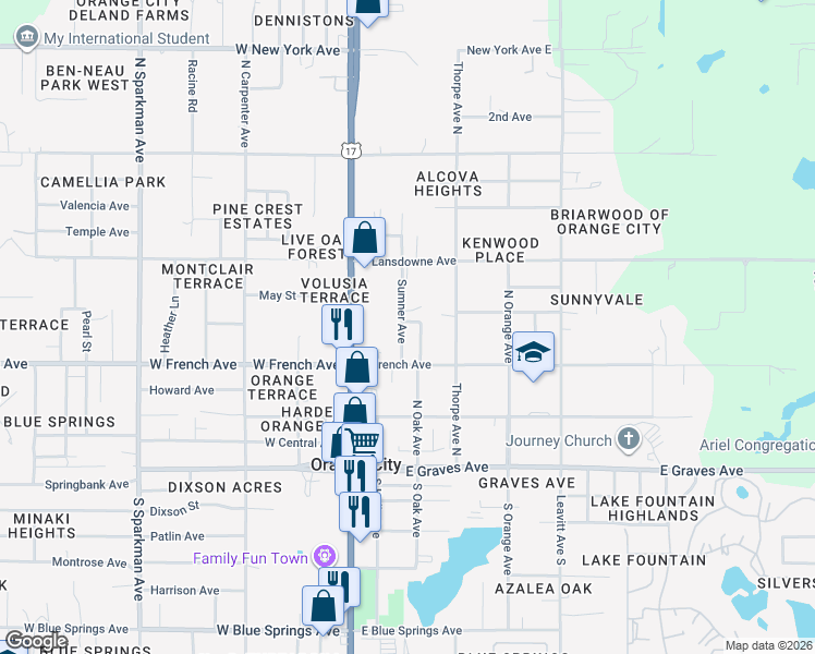 map of restaurants, bars, coffee shops, grocery stores, and more near 521 Sumner Avenue in Orange City