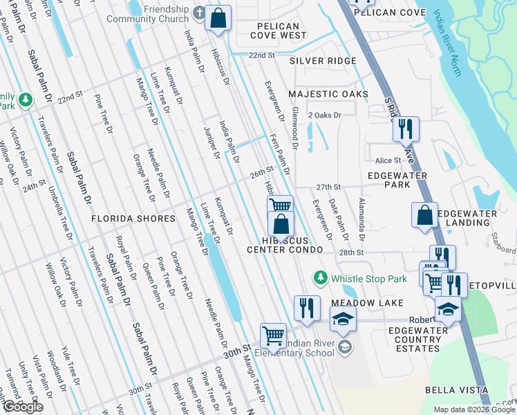 map of restaurants, bars, coffee shops, grocery stores, and more near 2706 India Palm Drive in Edgewater