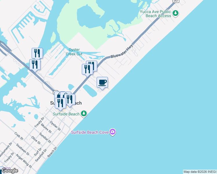 map of restaurants, bars, coffee shops, grocery stores, and more near 310 Ocean Avenue in Surfside Beach