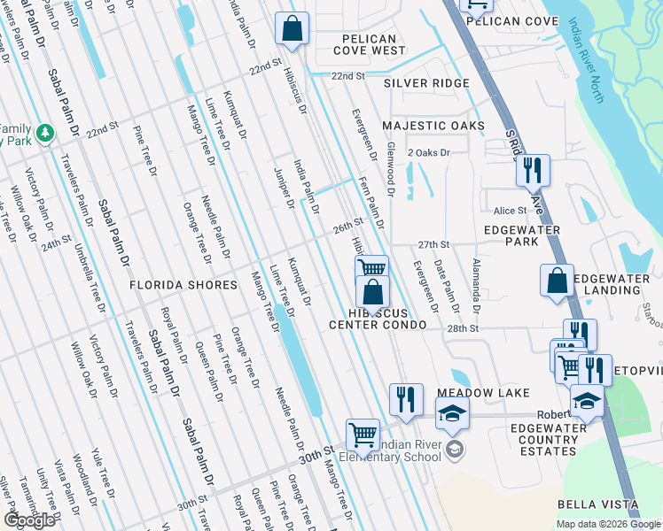 map of restaurants, bars, coffee shops, grocery stores, and more near 2615 India Palm Drive in Edgewater