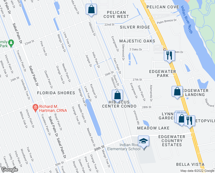 map of restaurants, bars, coffee shops, grocery stores, and more near 2625 India Palm Drive in Edgewater