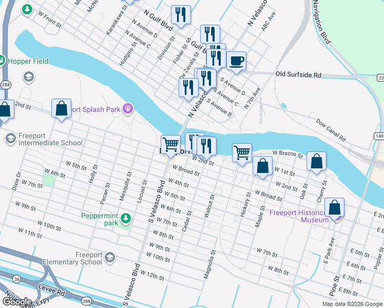 map of restaurants, bars, coffee shops, grocery stores, and more near 1000 West Brazos Street in Freeport