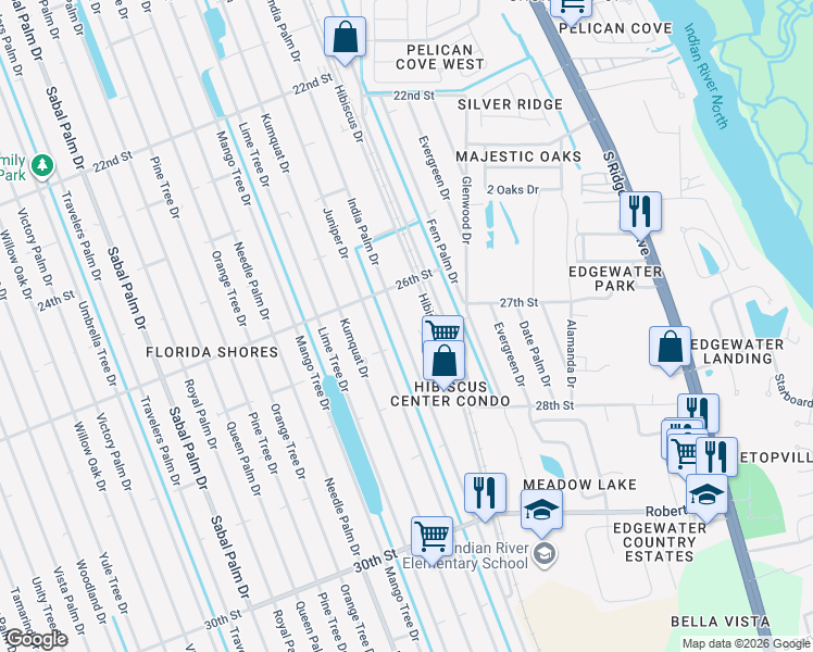 map of restaurants, bars, coffee shops, grocery stores, and more near 2623 India Palm Drive in Edgewater